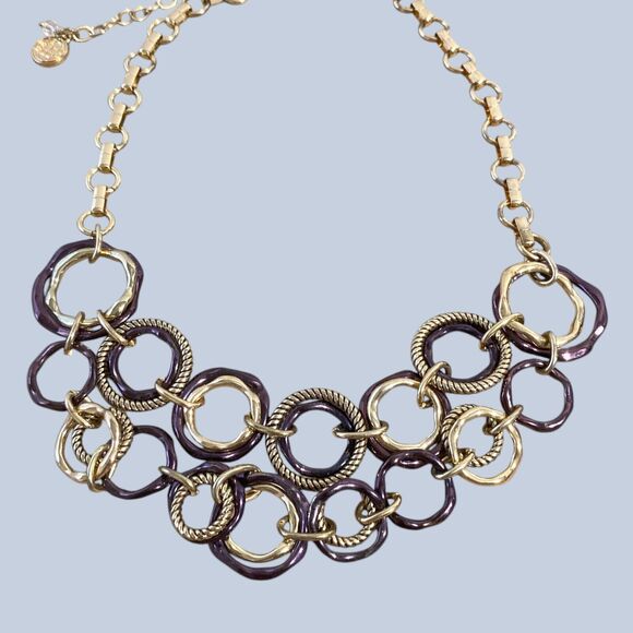 Gold Tone Purple Concentric Ring Necklace Chunky Geometric Chain Link Jewelry - Picture 3 of 8